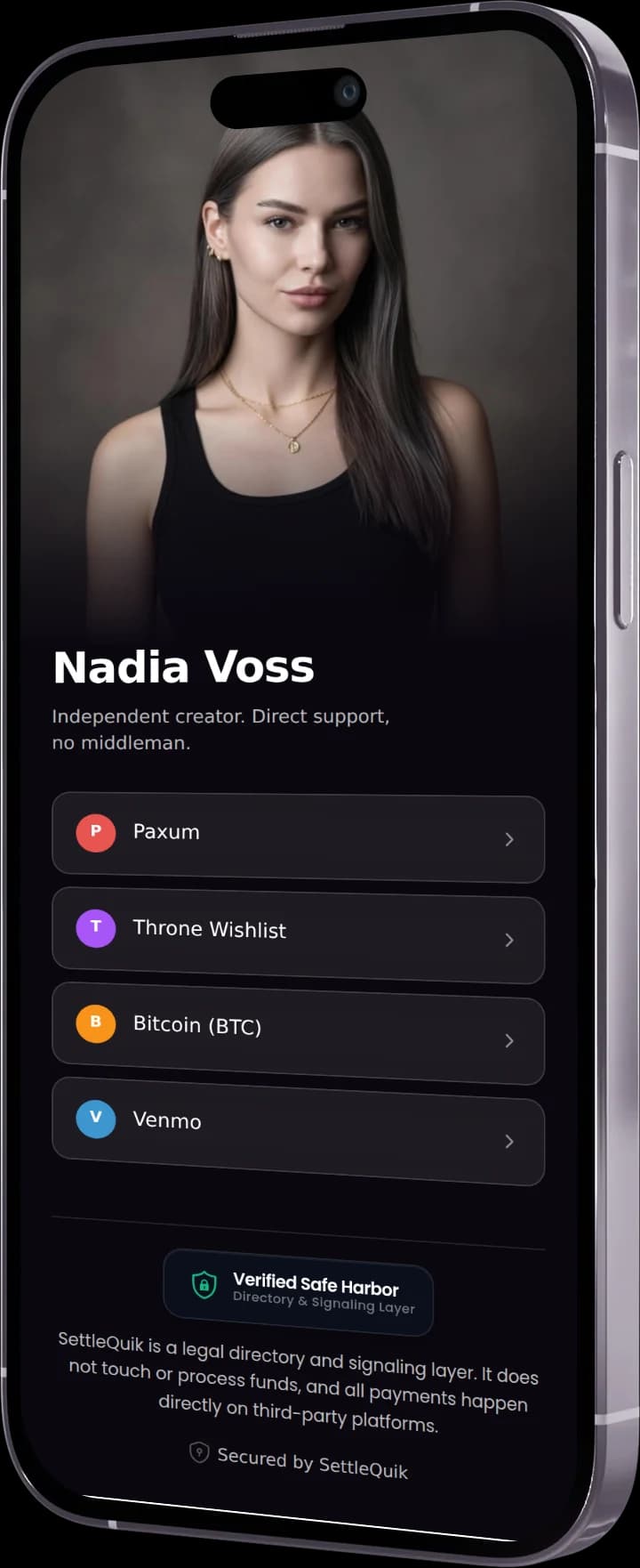 A SettleQuik payment page on a phone: Nadia Voss, an independent creator, listing Paxum, Throne Wishlist, Bitcoin, and Venmo as ways to pay